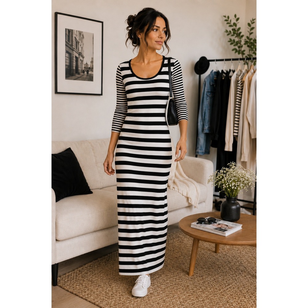Calvin Klein Womens Striped T-Shirt Dress 10 Black White Casual Midi Maxi